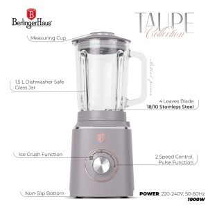 Blender de masa cu borcan de sticla de 1,5 L Taupe Berlinger Haus BH 9496