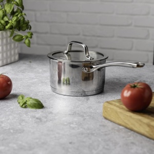 Cratiță cu coadă inox 304 cu capac 16 cm, 1,8 L, pentru inducție – VCASA Amara 90111, capac din sticlă cu strecurătoare - Img 5