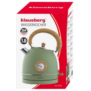 Fierbător de apă din inox cu termometru, 1,8 L – Klausberg KB-9008, verde cu inserții din lemn, bază rotativă 360° - Img 7