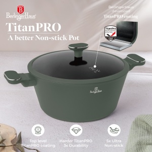Oală cu capac 28 cm, 6.1L – Berlinger Haus Green Matte Collection BH 8202, verde, cu strat antiaderent din titan, design modern, compatibilă cu toate plitele - Img 5