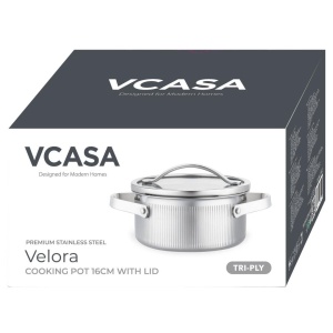 Oală inox Tri-Ply cu capac 16 cm, 1,5 L, pentru inducție – VCASA Velora 90122, capac din inox cu strecurătoare - Img 3
