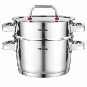 Oală pentru gătit la abur inox 304, 20 cm, 3 piese, pentru inducție – VCASA Sierra 90107, capac din sticlă