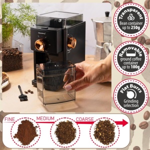 Râșniță electrică de cafea cu discuri plate (burr), 150 W, măcinare reglabilă – Klausberg KB-9010, neagră cu rose gold - Img 8