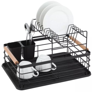 Scurgator pentru vase pe două niveluri, din oțel, plastic și lemn, negru – KINGHoff KH-1796