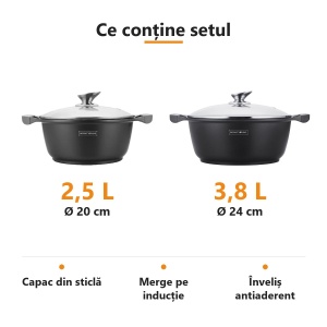 Set 2 oale marmorate Royalty Line 2,5 L + 3,8 L (20 și 24 cm), capac de sticlă, inducție - Img 2