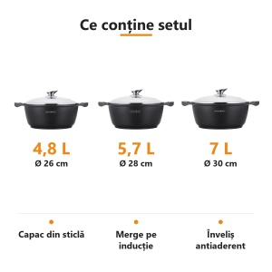 Set 3 oale marmorate Royalty Line 4,8 L, 5,7 L și 7 L (26, 28, 30 cm), capac de sticlă, inducție - Img 2
