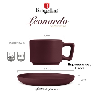 Set 4 cani cu farfurii Leonardo Berlinger Haus BH 10017, visiniu