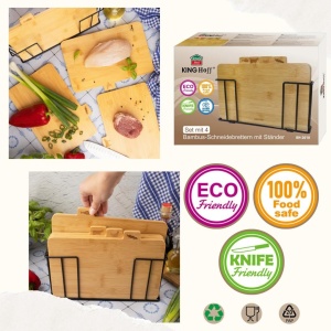 Set 4 tocătoare din bambus cu suport metalic – Kinghoff KH-2010, marcaje pentru carne, pește, pasăre și legume - Img 4