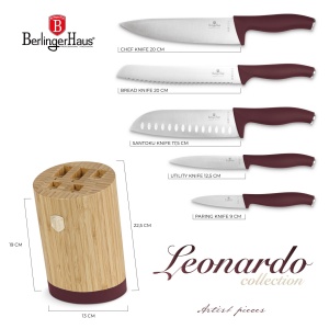 Set cutite 6 piese cu stativ Leonardo Berlinger Haus BH 2754, visiniu, suport lemn