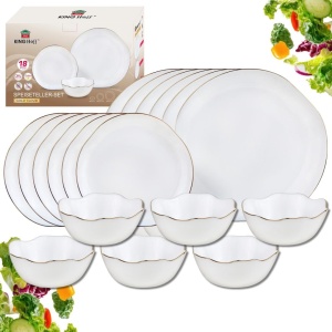 Set farfurii din sticlă opal, 18 piese pentru 6 persoane – Kinghoff KH-2037, alb cu margine aurie, în cutie cadou - Img 3