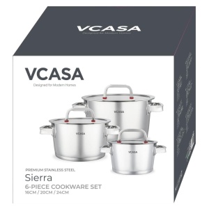 Set oale inox 304 cu capace din sticlă, 6 piese, 16/20/24 cm, pentru inducție – VCASA Sierra 90108, capace cu strecurătoare - Img 3