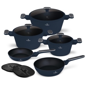 Set oale și tigăi cu capace 10 piese – Berlinger Haus Deep Sea BH 8381, albastru mat, antiaderent titan, compatibil inducție