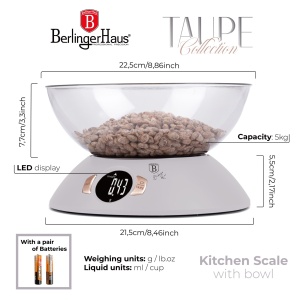 Cantar de bucatarie cu bol 5 kg Taupe Berlinger Haus BH 9616