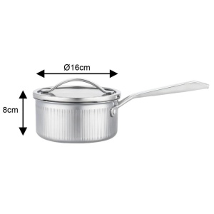 Cratiță cu coadă inox Tri-Ply cu capac 16 cm, 1,5 L, pentru inducție – VCASA Velora 90121, capac din inox cu strecurătoare - Img 8
