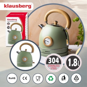 Fierbător de apă din inox cu termometru, 1,8 L – Klausberg KB-9008, verde cu inserții din lemn, bază rotativă 360° - Img 4