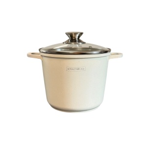 Oală înaltă marmorată cu capac 20 cm, 4 L – Royalty Line AD20MG, crem, antiaderentă, compatibilă inducție