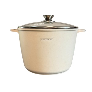 Oală înaltă marmorată cu capac 28 cm, 10,2 L – Royalty Line AD28MG, crem, antiaderentă, compatibilă inducție