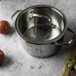 Oală inox 304 cu capac 18 cm, 2,6 L, pentru inducție – VCASA Amara 90113, capac din sticlă cu strecurătoare - Img 6