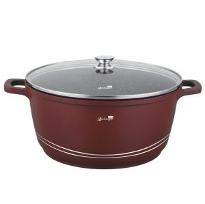 Oala marmorata 24 L , cu capac, de calitate, pentru zacusca, gemuri, compoturi, bulion Bachmayer BM 7753-44, antiaderenta, curatare usoara, cu protectie manere din silicon rosu burgund