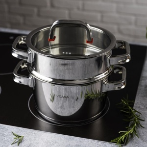 Oală pentru gătit la abur inox 304, 20 cm, 3 piese, pentru inducție – VCASA Sierra 90107, capac din sticlă - Img 8
