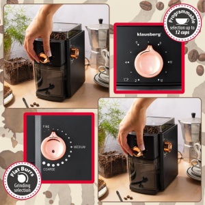 Râșniță electrică de cafea cu discuri plate (burr), 150 W, măcinare reglabilă – Klausberg KB-9010, neagră cu rose gold - Img 5