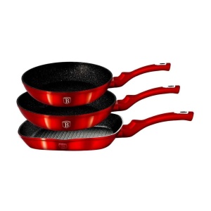 Set 3 tigai marmorate antiaderente (contine tigaie grill) de calitate, Burgundy Metalic Line Berlinger Haus BH 1289N