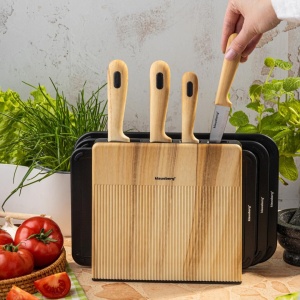 Set 4 cuțite cu 3 tocătoare și suport, 8 piese – Klausberg KB-9037, negru cu imitație de lemn - Img 2