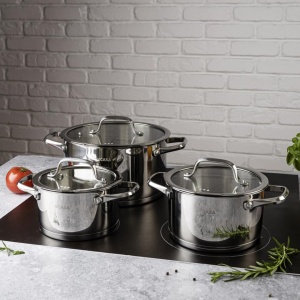 Set oale inox 304 cu capace din sticlă, 6 piese, 16/20/24 cm, pentru inducție – VCASA Amara 90118, capace cu strecurătoare - Img 6