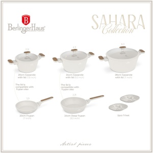 Set oale si tigai 10 piese Sahara Nordic Berlinger Haus BH 8324, crem mat, compatibil inductie, capace cu strecurator - Img 6