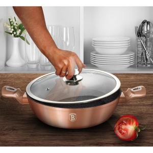 Cratita marmorata cu capac 28 cm Rose Gold Metalic Line Berlinger Haus BH 1519N, antiaderenta