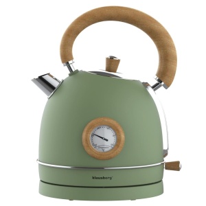 Fierbător de apă Klausberg KB-9008, 1,8 L, inox cu termometru, verde cu inserție lemn