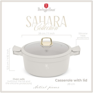 Oala cu capac si manere de silicon detasabile 28 cm, 6,6L Sahara Berlinger Haus BH 7788, antiaderenta, crem