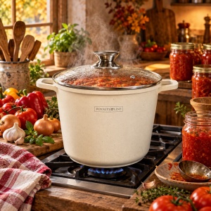 Oală înaltă marmorată cu capac 20 cm, 4 L – Royalty Line AD20MG, crem, antiaderentă, compatibilă inducție - Img 8