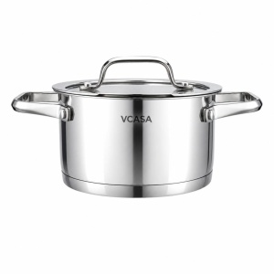 Oală inox 304 cu capac 16 cm, 1,8 L, pentru inducție – VCASA Amara 90112, capac din sticlă cu strecurătoare