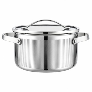 Oală inox Tri-Ply cu capac 20 cm, 3 L, pentru inducție – VCASA Velora 90124, capac din inox cu strecurătoare
