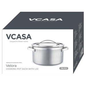 Oală inox Tri-Ply cu capac 24 cm, 5,8 L, pentru inducție – VCASA Velora 90125, capac din inox cu strecurătoare - Img 3