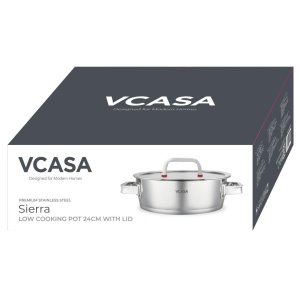 Oală joasă inox 304 cu capac 24 cm, 2,7 L, pentru inducție – VCASA Sierra 90106, capac din sticlă cu strecurătoare - Img 3