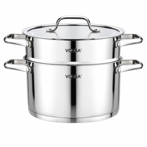 Oală pentru gătit la abur inox 304, 20 cm, 3 piese, pentru inducție – VCASA Amara 90117, capac cu strecurătoare
