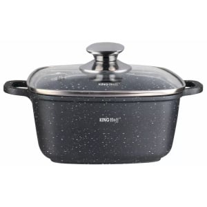 RESIGILAT - Oală pătrată cu capac 28x28 cm, 6.5L – Kinghoff KH 1605, neagră, strat marmură, perfectă pentru preparate voluminoase