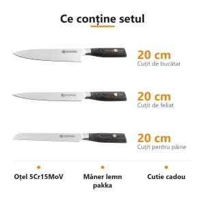 Set 3 cuțite Apex Carl Schmidt Sohn pentru carne și pâine: bucătar, feliat și pâine, 20 cm, mâner lemn pakka - Img 2