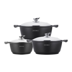 Set 3 oale marmorate Royalty Line 2,5 L, 3,8 L și 4,8 L (20, 24, 26 cm), capac de sticlă, inducție