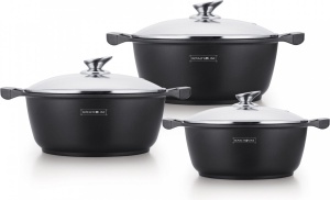 Set 3 oale marmorate Royalty Line 4,8 L, 5,7 L și 7 L (26, 28, 30 cm), capac de sticlă, inducție