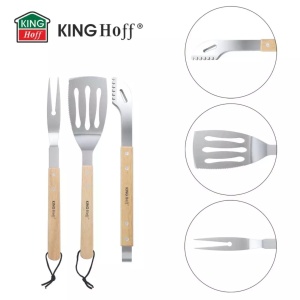 Set 3 ustensile pentru gratar Kinghoff KH1918, inox, manere din lemn - Img 5