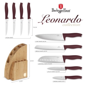 Set cutite 10 piese Leonardo Berlinger Haus BH 2980, visiniu, suport lemn