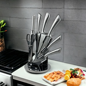 Set cutite inox cu suport Royalty line RL KSS600, cu instrument de ascutire si foarfeca de bucatarie - Img 2