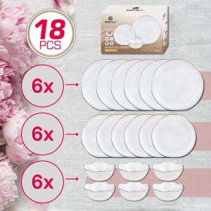 Set farfurii din sticlă opal, 18 piese pentru 6 persoane – Kinghoff KH-2037, alb cu margine aurie, în cutie cadou - Img 7
