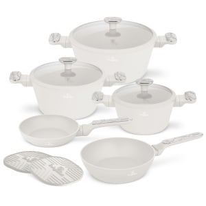 Set oale cu capace 10 piese – Berlinger Haus Sahara Marble BH 8400, crem mat, antiaderent titan, mânere efect marmură, inducție