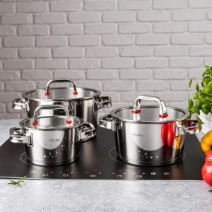 Set oale inox 304 cu capace din sticlă, 6 piese, 16/20/24 cm, pentru inducție – VCASA Sierra 90108, capace cu strecurătoare - Img 7