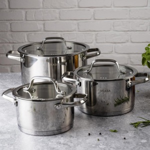 Set oale inox 304 cu capace din sticlă, 6 piese, 16/20/24 cm, pentru inducție – VCASA Amara 90118, capace cu strecurătoare - Img 3
