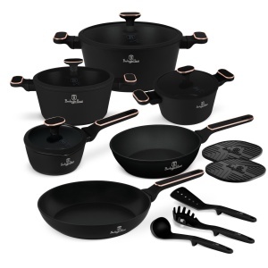 Set oale si tigai 15 piese Black Rose Berlinger Haus BH 8363, negre, înveliș antiaderent titan, compatibile inducție